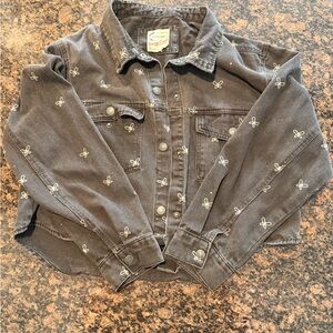 Gray Denim Jacket with Printed Butterfly Details